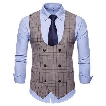 Gotmes New Brand Men's Business Casual Vest High Quality Men's Clothing Men's Casual Plaid High Quality Double Breasted Vest